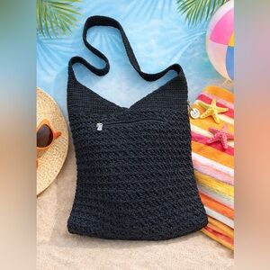 The Sak Black Crochet Knit Crossbody Shoulder Bag Boho Hobo Purse